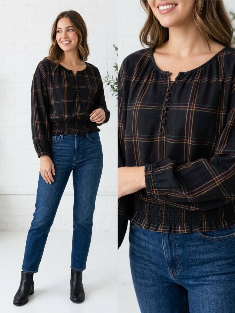 Madewell Shirred Peasant Top in Windowpane, Style NG873, Size S